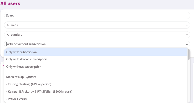 An image showing the All Users report with the filter "With or without subscription" opened.