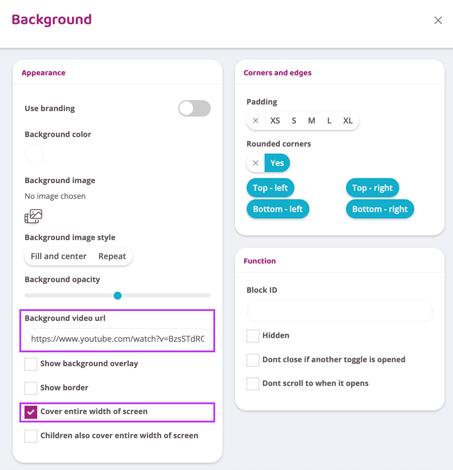Screenshot showing settings for Background-block in MarketingHub, with background video URL field highlighted