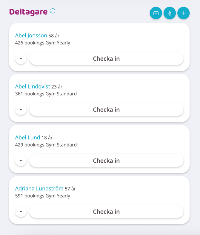 Skärmbild som visar deltagarlistan med "Checka in"-knapparna tillgängliga.