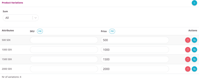 A digital pop-up window titled "Create attribute". Under the "Base info" section, the "Name" field is filled with "Sum" and the "Order" field is set to "0". Below this is a section titled "Product Attribute Items" containing four rows labeled "500 SEK", "1000 SEK", "1500 SEK", and "2000 SEK". Each row has a drag-and-drop handle to the left and a red trash can icon to the right. At the bottom center, there is a blue button labeled "Create".