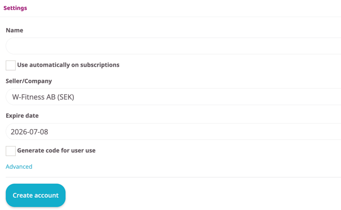 A screenshot of a digital settings form titled "Settings". It includes a blank "Name" field, an unchecked checkbox for "Use automatically on subscriptions," and a "Seller/Company" field set to "W-Fitness AB (SEK)". The "Expire date" is set to "2026-07-08", followed by an unchecked checkbox for "Generate code for user use" and an "Advanced" link. A blue button labeled "Create account" is located at the bottom left.