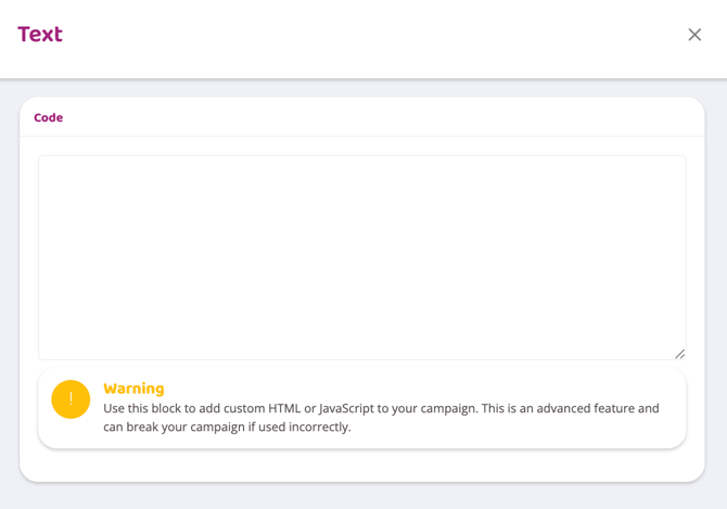 Screenshot showing the value field for an empty Code block in the MarketingHub