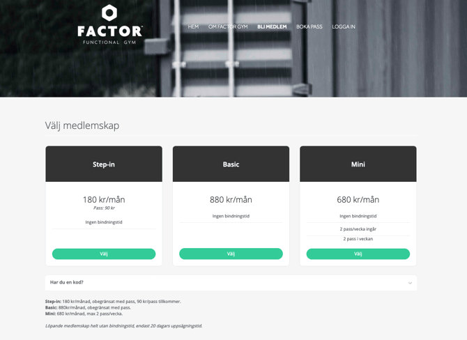 Screenshot showing the "Choose membership"-view from Wondr embedded into an existing website