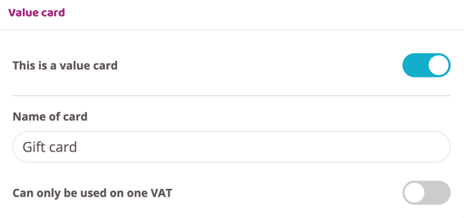 Screenshot showing the "Value card"-field allowing you to toggle that a product is a gift-card