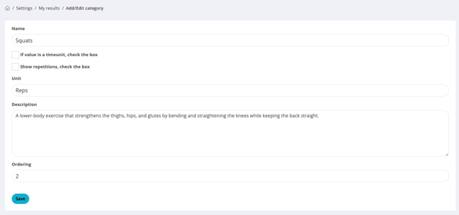 Screenshot showing the add category view in "My results" with Squats added as an example category/type