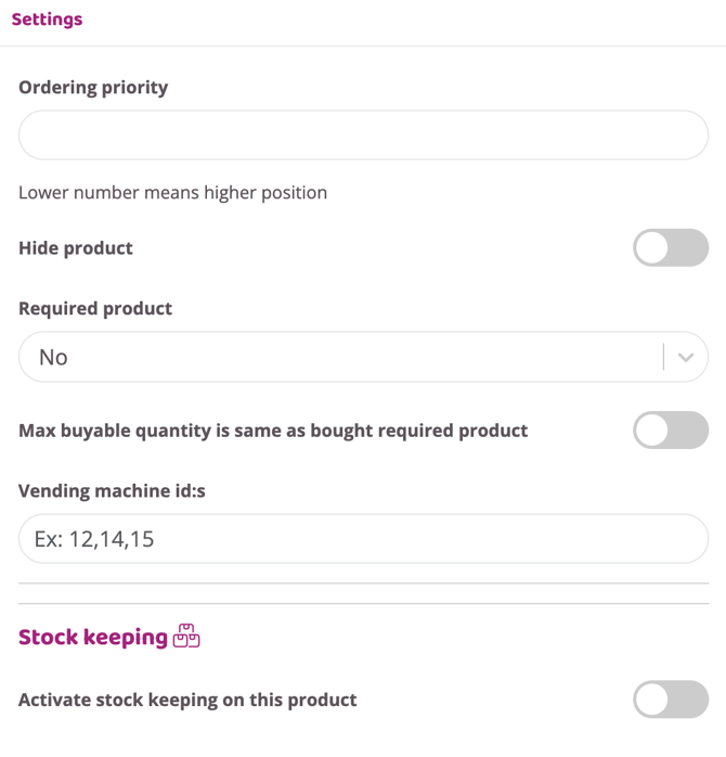 Screenshot showing the Settings panel for a specific product in the webshop