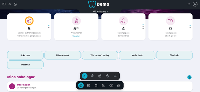 Skärmbild av Wondr med Dashboardens startsida och sammanfattningskort högst upp. I nedre delen syns två horisontella ikonmenyer; den nedersta visar hemikonen som vald.