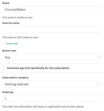 Form with fields for a subscription name visible to users and an internal name only shown to staff.