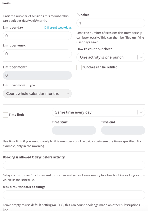 Limits section for a membership with settings for booking limits per day, week and month, punches, allowed booking time window, how many days in advance bookings are allowed and maximum simultaneous bookings.