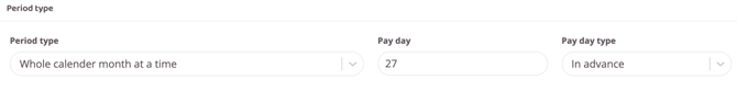 Settings for subscription period type with fields for pay day and pay day type.