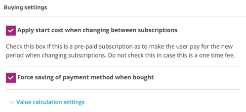 Buying settings section with options to apply start cost when switching subscriptions and require saved payment method.