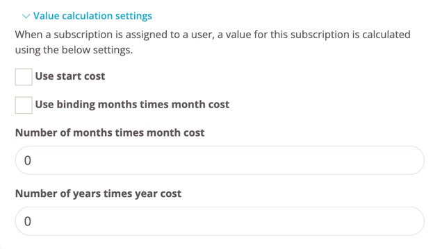 Value calculation form with options for start cost, binding months, and monthly or yearly cost inputs.
