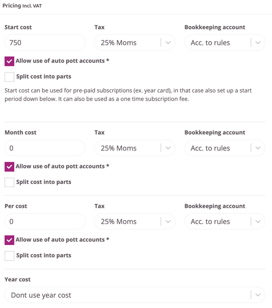 Pricing section for a subscription including VAT, with settings for start fee, monthly price, per-use price, yearly price, tax rate, bookkeeping account and options for automatic account handling and split payments.