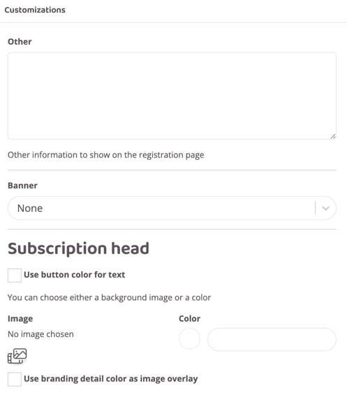 Customization section for a subscription with fields for additional information, banner selection and header appearance settings with options for image and color.