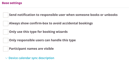 Base settings section showing options for notifications, confirmation behavior, booking restrictions, and participant name visibility.