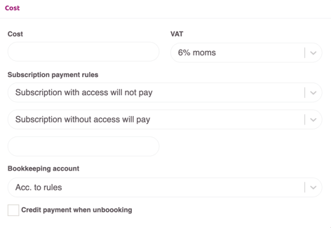 Cost settings for an activity type, showing fields for price, VAT, subscription payment rules, bookkeeping account, and credit on unbooking.