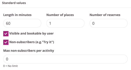 Standard values settings showing default activity length set to 60 minutes, number of places set to 1, and zero reserves. The activity is visible and bookable by users, allows non-subscribers (e.g. “Try it”), and has no limit on the number of non-subscribers per activity.