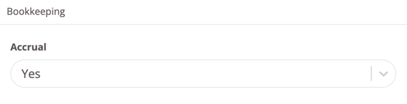 Bookkeeping settings section with a dropdown for selecting whether accrual accounting should be used.