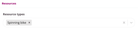 Resources section showing selected resource types, with “Spinning bike” chosen as the required resource.