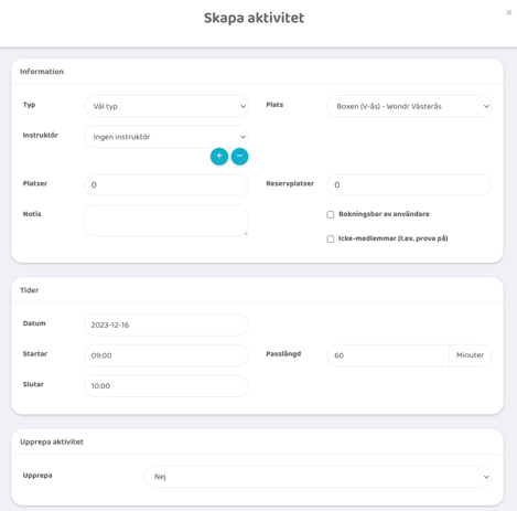 Administratörsvy med ett formulär för att skapa en aktivitet, med fält för aktivitetstyp, plats, handledare, antal platser, datum, tid och upprepning samt en knapp för att spara.
