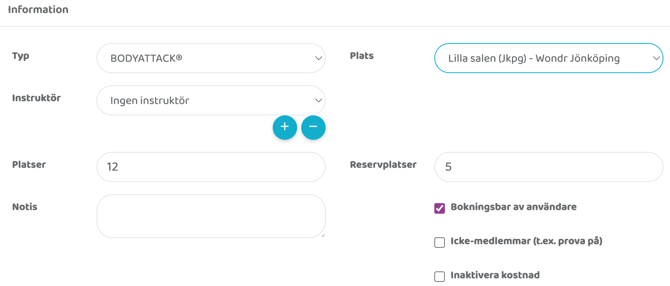 Formulär i administratörsvy för att skapa en träningsaktivitet, med inställningar för aktivitetstyp, plats, instruktör, antal platser, reserverade platser och bokningsregler.