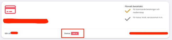 Vy över sparad betalningsmetod som visar kortinformation, standardanvändning, kopplad organisation och en statusmarkering som anger att kortet är utgånget.