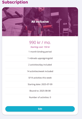 Active All Inclusive subscription showing price, binding period, activity limits, dates, and an Edit button.