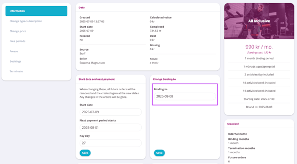 Subscription details view with data summary, payment dates, binding date field, and an overview of the active plan.