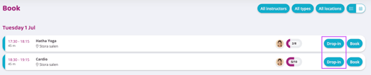 Booking view showing available activities for the selected day, with the “Drop-in” buttons highlighted to indicate how non-members can book a class.