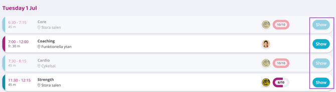 Schedule view listing multiple classes for the same day, with the “Show” buttons on the right side highlighted to indicate where to view class details.