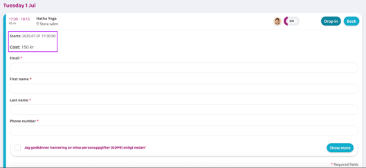 Drop-in booking form showing activity start time and cost highlighted above fields for contact details and consent.
