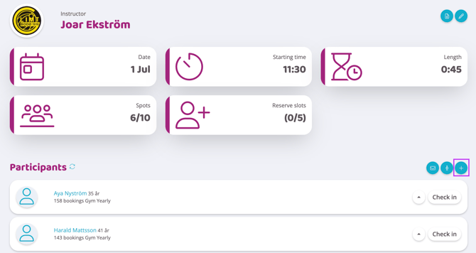 Class details view showing date, time, duration, and participants, with the plus button in the bottom-right corner highlighted to indicate where to add a participant.