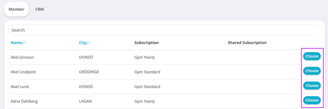 Member list view in the CRM, with the “Choose” buttons on the right side highlighted to show where to select a member.