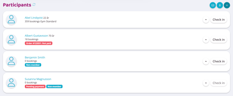 Participants list showing members and non-members with different payment statuses, including not paid and pending payment, and check-in options for each participant.