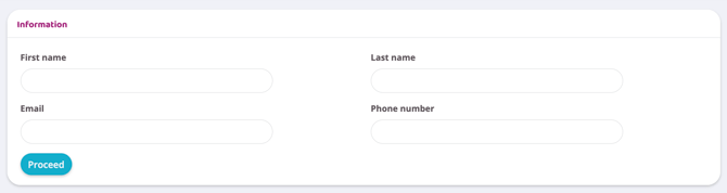Information form with fields for first name, last name, email, and phone number, and a “Proceed” button to continue.