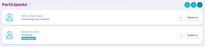 Participants list showing booked members and non-members, with check-in buttons available for each participant.