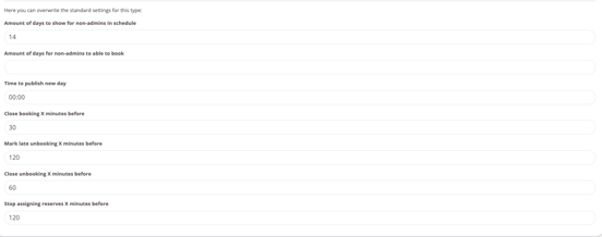 Type-specific booking override settings with fields for schedule visibility, booking window, publish time, and booking and unbooking time limits, all shown with their current values.