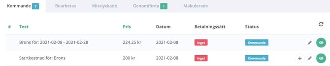 En tabellvy som visar kommande beställningar under fliken ”Kommande (7)”. Tabellen innehåller två rader daterade 2021-02-08: den första raden avser medlemskapet ”Brons” för perioden 2021-02-08 till 2021-02-28 till ett pris av 224,25 kr. Den andra raden avser en ”Startkostnad för: Brons” på 200 kr. Båda raderna har betalningssättet markerat som ”Inget” med en röd etikett och statusen ”Kommande” med en blå etikett. Till höger finns funktionsikoner för att dela upp, redigera eller visa detaljer.