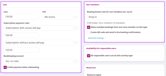 Settings view showing cost configuration for an activity, including price, VAT, subscription payment rules, and non-member booking options.