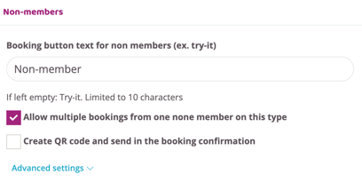 Non-member settings showing the booking button text and options to allow multiple bookings or send a QR code in the booking confirmation.