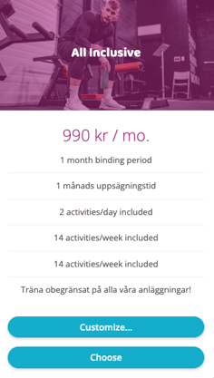 All Inclusive subscription card showing price, included activities, terms, and buttons to customize or choose the plan.