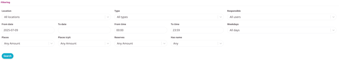 Filtering panel with multiple dropdowns and input fields. The from date is set to 2025-07-09, while other filters such as location, type, responsible user, time range, weekdays, and capacity are set to default values.
