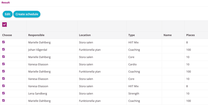 Results table with scheduled activities where all rows are selected using checkboxes in the left column. Columns show responsible user, location, activity type, and number of places, with Edit and Create schedule buttons above the table.