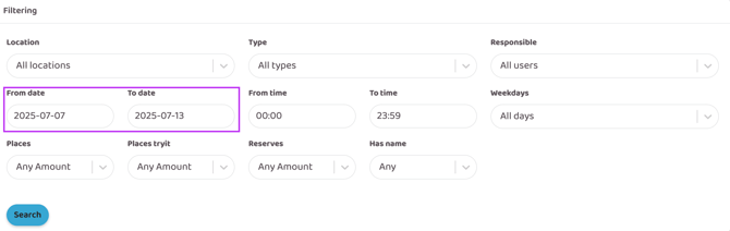Filtering panel with multiple dropdowns and date fields. The From date and To date fields are set to 2025-07-07 and 2025-07-13 and highlighted, while other filters such as location, type, time, weekdays, and capacity remain set to “All” or “Any.”