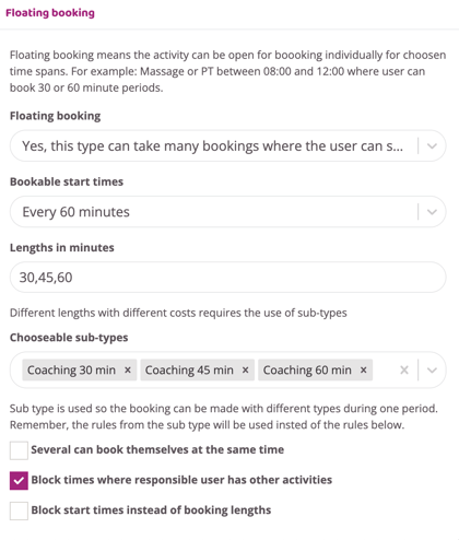Floating booking settings with the option enabled. Bookable start times are set to every 60 minutes, available lengths are 30, 45, and 60 minutes, and sub-types for each length are selected. Blocking times with other activities is enabled, while other options are unchecked.