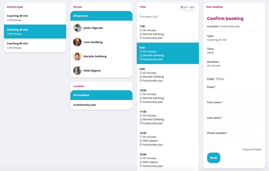 Multi-step booking flow showing activity type, instructor, time, and location selection, with a booking summary and form to confirm the selected session.