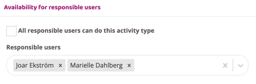 Availability settings for responsible users, showing a checkbox to allow all responsible users and a field with selected individual users.