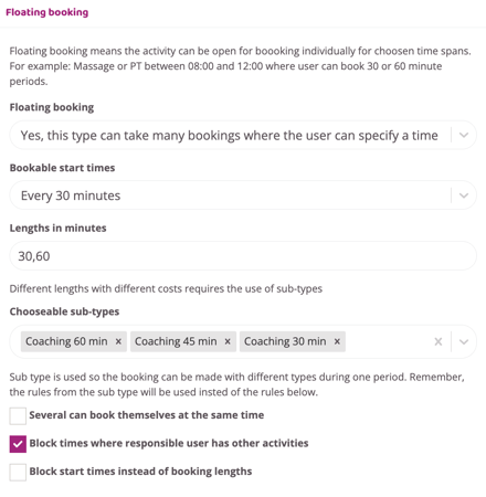 Floating booking settings showing how an activity can be booked in flexible time slots, including start time intervals, selectable durations, sub-types, and blocking rules.