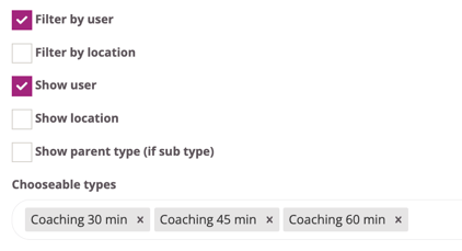 Filter and display settings showing options to filter by user or location, control what information is shown, and select which activity types are available.