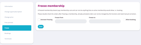 Freeze membership settings with date range fields, booking option, and save button.